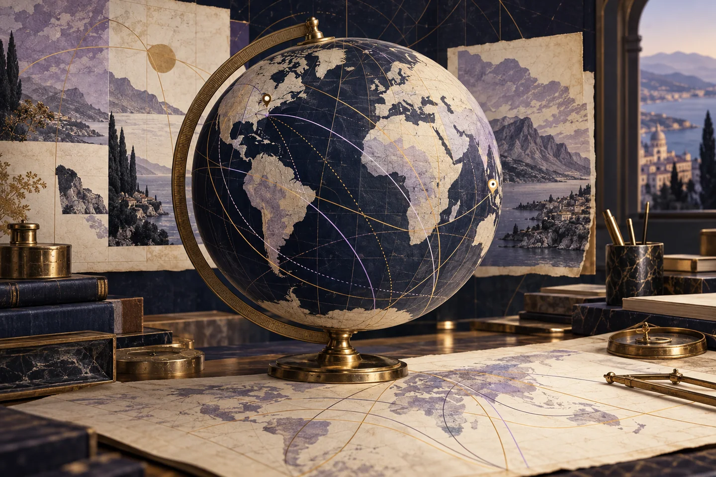 A brass globe and layered map illustrating the comparison of locations