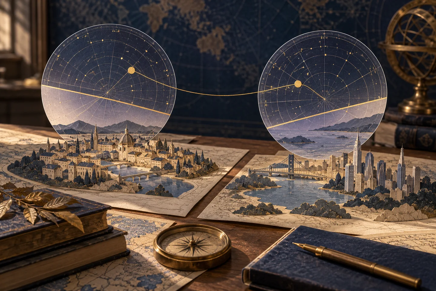 Two coordinate diagrams with different horizons connected by a single thread