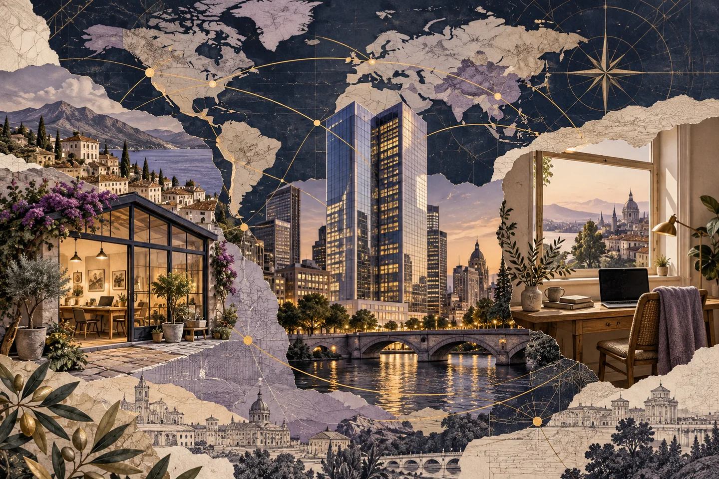 Oficina, estudio creativo y espacio de trabajo en casa sobre un mapa